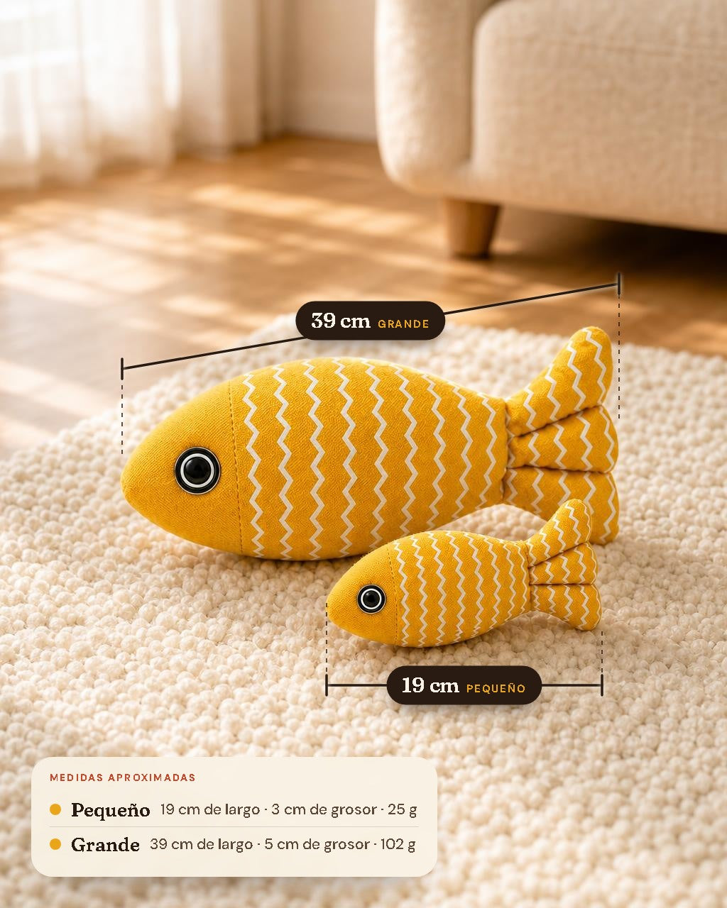 Medidas del pez Zigzag: pequeño 19 cm y grande 39 cm