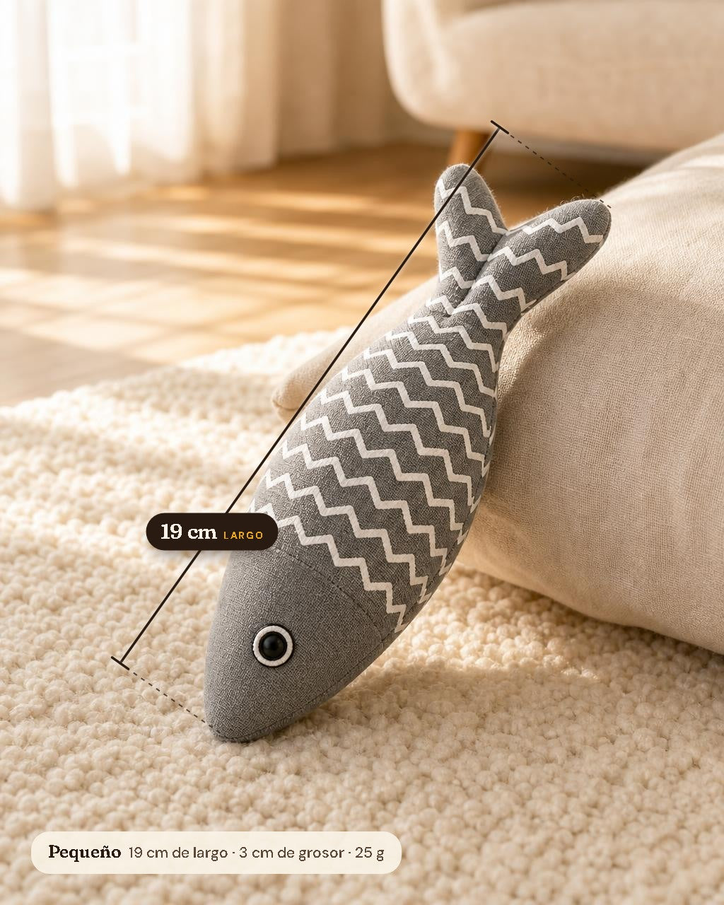 Pez Zigzag gris de 19 cm con sus medidas